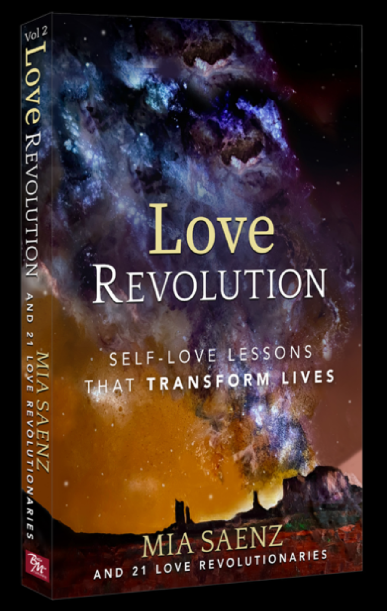 Book titled 'Love Revolution' by Mia Saenz with cosmic design by Victoria Wynn on cover